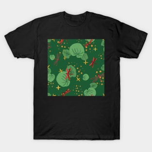 Thailand red dragonflies dancing among the lily pads - green, red, yellow T-Shirt